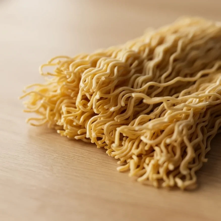 Ein Haufen unzubereiteter, hellgelber, gewellter Ramennudeln liegt auf einer hellen Holzoberfläche. Die feine Textur und die lockige Form sind deutlich sichtbar, bereit für die Zubereitung asiatischer Gerichte wie Ramen . Hiyashi ramen oder Yakisoba.