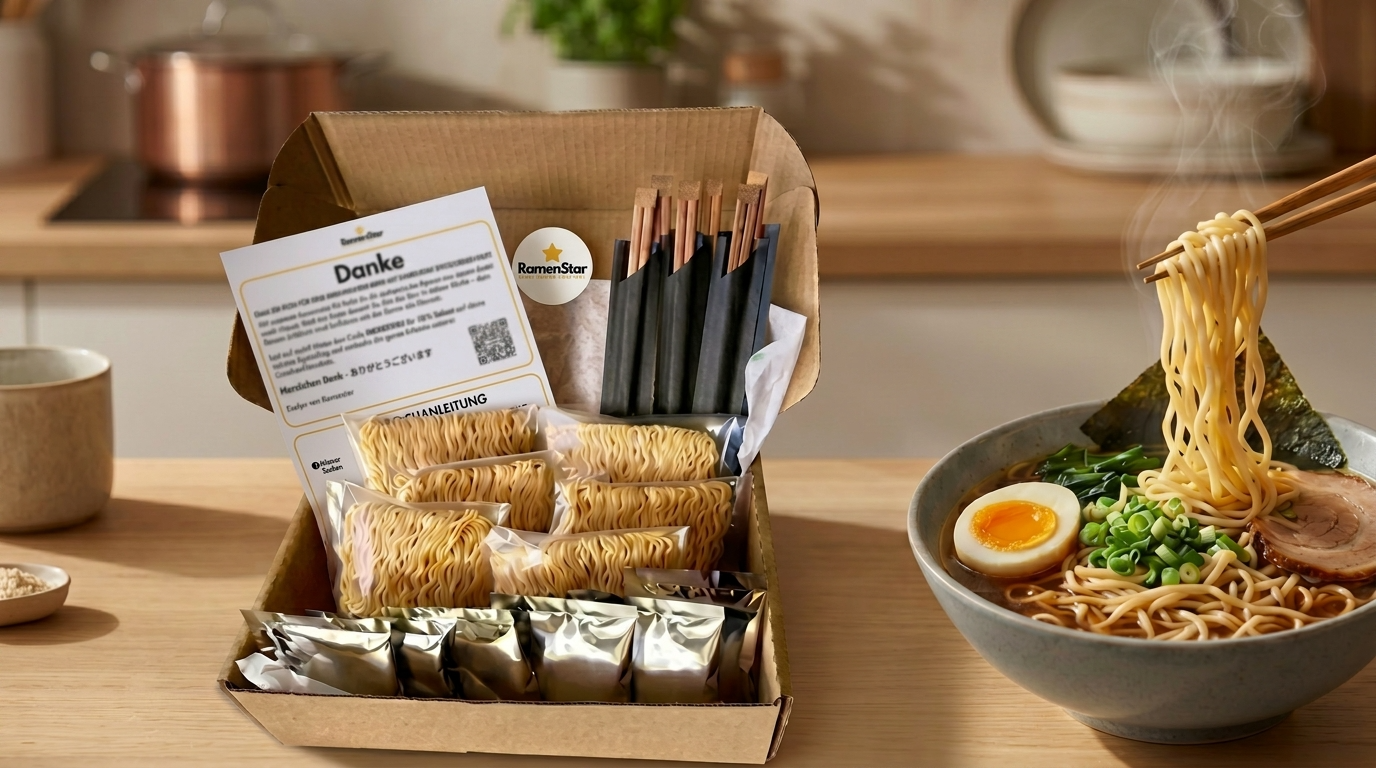 Eine geöffnete Ramen-Star Kochbox mit Ramen-Nudeln, Zutaten, einer Grußkarte und Essstäbchen, daneben eine dampfende Schüssel fertig zubereiteter, authentischer japanischer Ramen mit Ei, Schweinefleisch, Nudeln und Frühlingszwiebeln, servierfertig mit Stäbchen in einer modernen Küche.