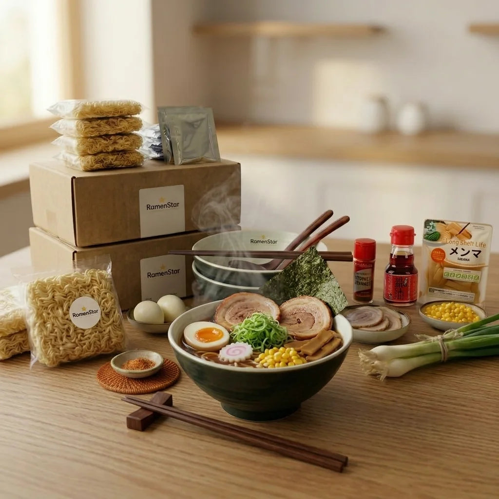 Fertige Tokyo Ramen Master Box von Fast Bundle mit Ramen-Schale, Kochbox und frischen Zutaten auf einem weißen Hintergrund.