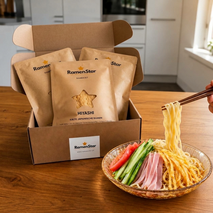 RamenStar Hiyashi Ramen Kit mit 3 Portionen Ramen-Nudeln, Hiyashi-Dressing und Essstäbchen in brauner Box.