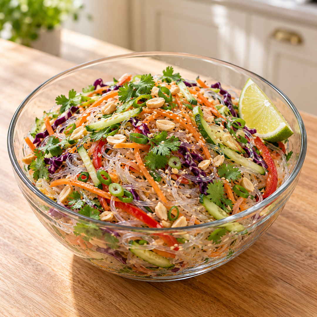 glasschüssel mit erfrischendem glasnudelsalat, passt  zu ramenstar hiyashi dressing.