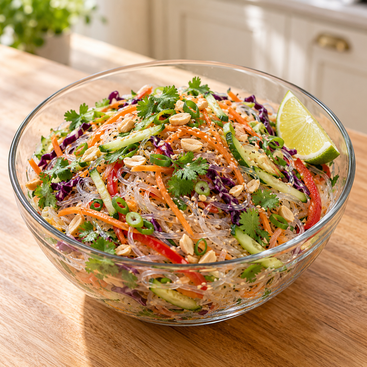 glasschüssel mit erfrischendem glasnudelsalat, passt  zu ramenstar hiyashi dressing.