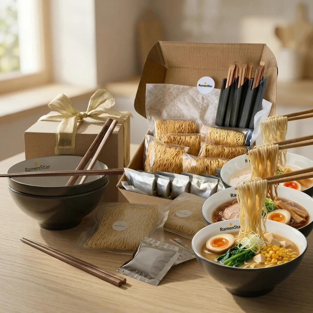 RamenStar-Geschenkset auf einem Holztisch, bestehend aus einer offenen Box mit verpackten Ramennudeln und Soßen, einer Geschenkbox mit Goldschleife, leeren Schalen und drei fertigen Ramenschalen mit verschiedenen Belägen wie Fleisch, Ei, Mais und Tofu. Essstäbchen heben Nudeln aus den Schalen.