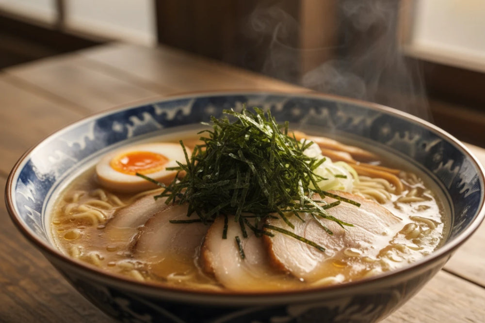 Eine dampfende Schale traditioneller japanischer Ramen mit zartem Chashu-Schweinefleisch, perfekt gekochtem Ajitama-Ei, frischen Nudeln und Norialgen. Köstliche Nudelsuppe auf einem Holztisch.