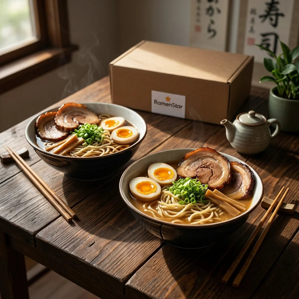 Zwei dampfende Schalen Ramen auf einem Holztisch, jeweils gefüllt mit Nudeln, geschnittenem Chashu-Schweinefleisch, zwei halbierten weichgekochten Eiern, gehackten Frühlingszwiebeln und Bambussprossen. Daneben liegen hölzerne Essstäbchen. Im Hintergrund ist eine braune "RamenStar" Lieferbox, eine kleine Teekanne und eine Topfpflanze zu sehen. Sonnenlicht fällt von links ins Bild.
