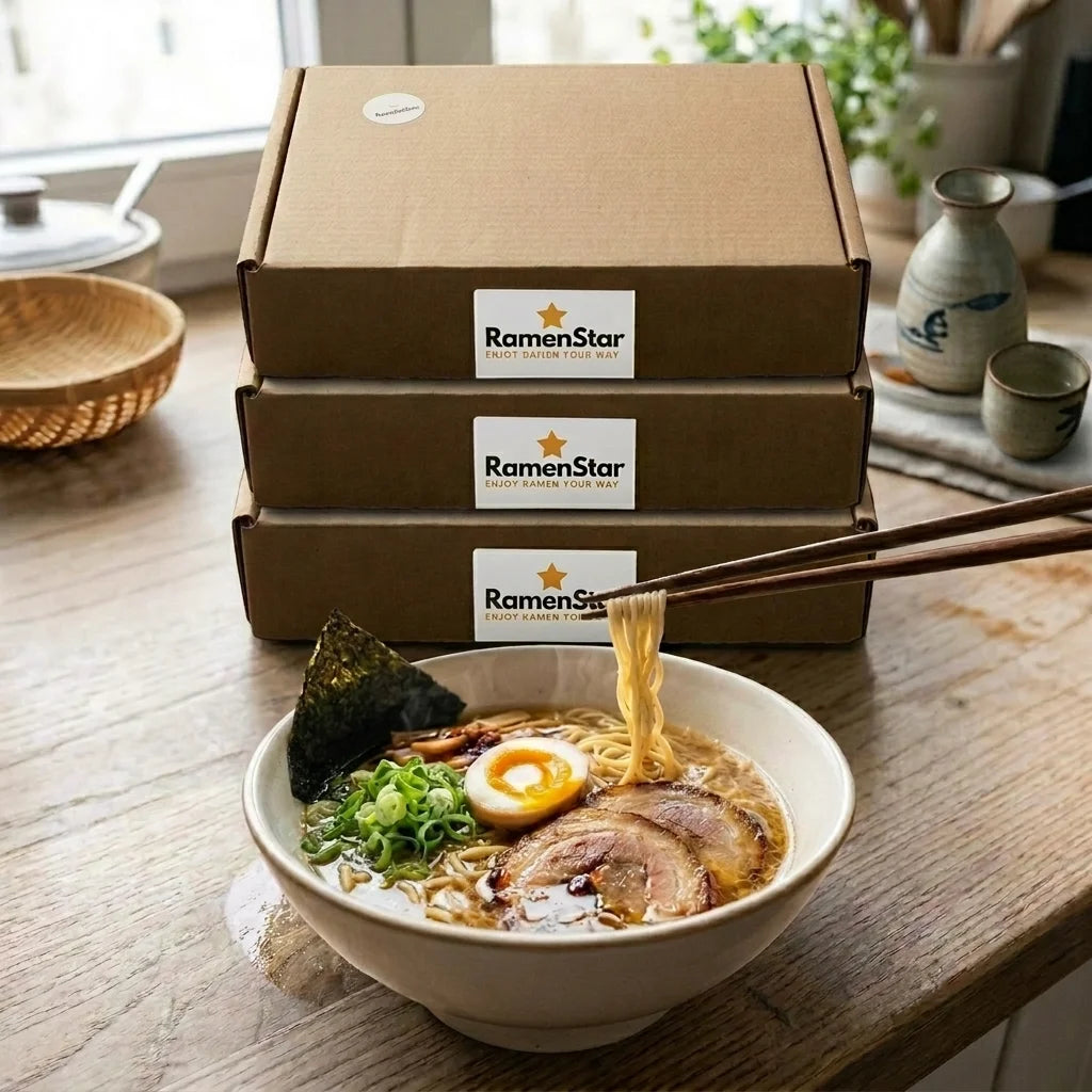 Eine dampfende Schale Ramen mit Nudeln, Scheiben von Chashu-Schweinefleisch, einem halben Ei, Lauchzwiebeln und Nori-Algen auf einem Holztisch. Essstäbchen heben Nudeln aus der Schale. Daneben steht eine geöffnete Pappschachtel mit Ramen-Zutaten: verpackte Nudeln, Soßenpäckchen, Essstäbchen und eine Dankeskarte.