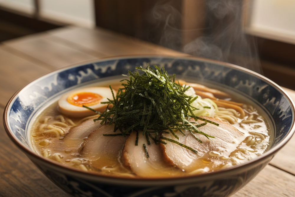 erstelle ein bild von einer ramenschale, auf welcher ein häufchen kizaminori als toppin drauf