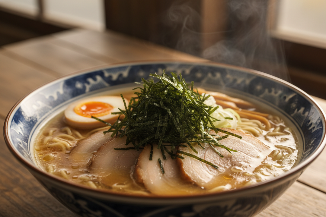 erstelle ein bild von einer ramenschale, auf welcher ein häufchen kizaminori als toppin drauf