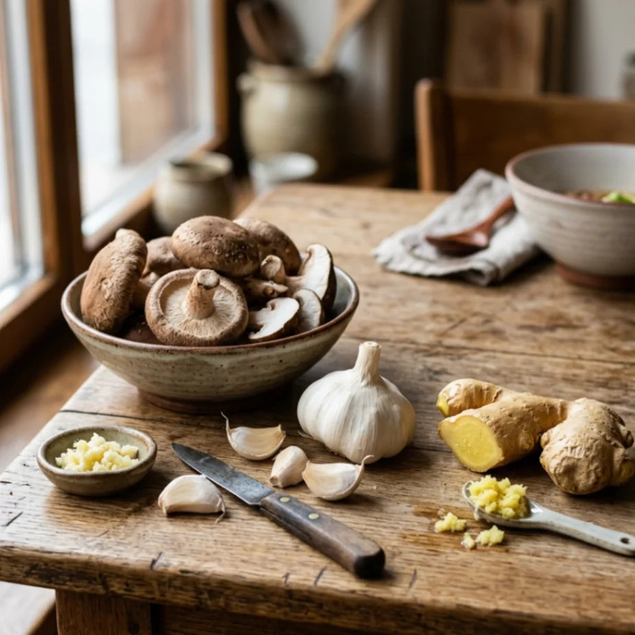 Frische Shiitake-Pilze in einer rustikalen Schale auf einem Holztisch, umgeben von Knoblauchzehen, ganzer Knoblauchknolle und Ingwerwurzel. Gehackter Knoblauch und geriebener Ingwer mit einem Messer sind bereit für die Zubereitung gesunder Gerichte.