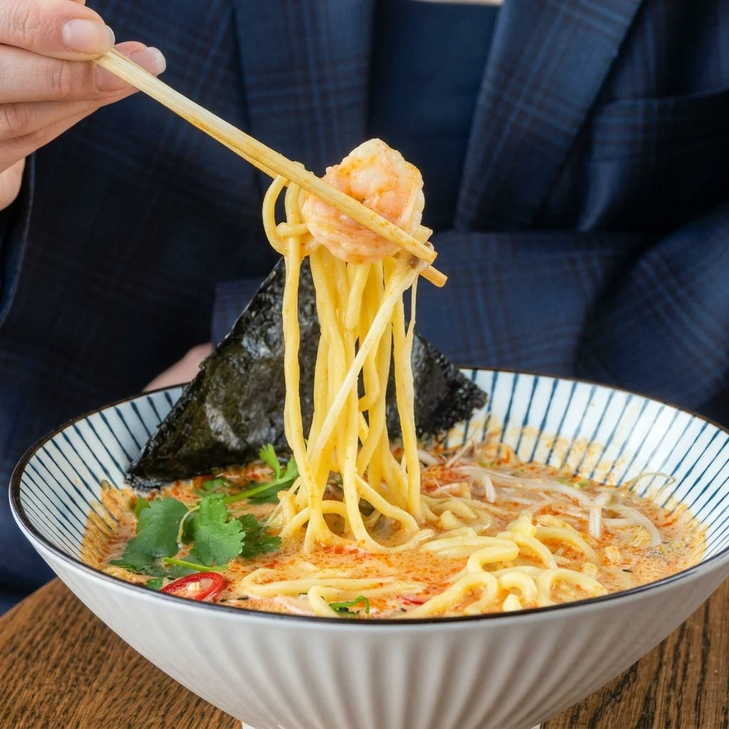 Eine Person hält mit Essstäbchen Nudeln und eine Garnele aus einer Schale mit cremiger, roter Suppe. Die Suppe enthält Nudeln, Sojasprossen, rote Chilischeiben, Korianderblätter und ein Stück Nori. Die Person trägt einen dunkelblauen Blazer.