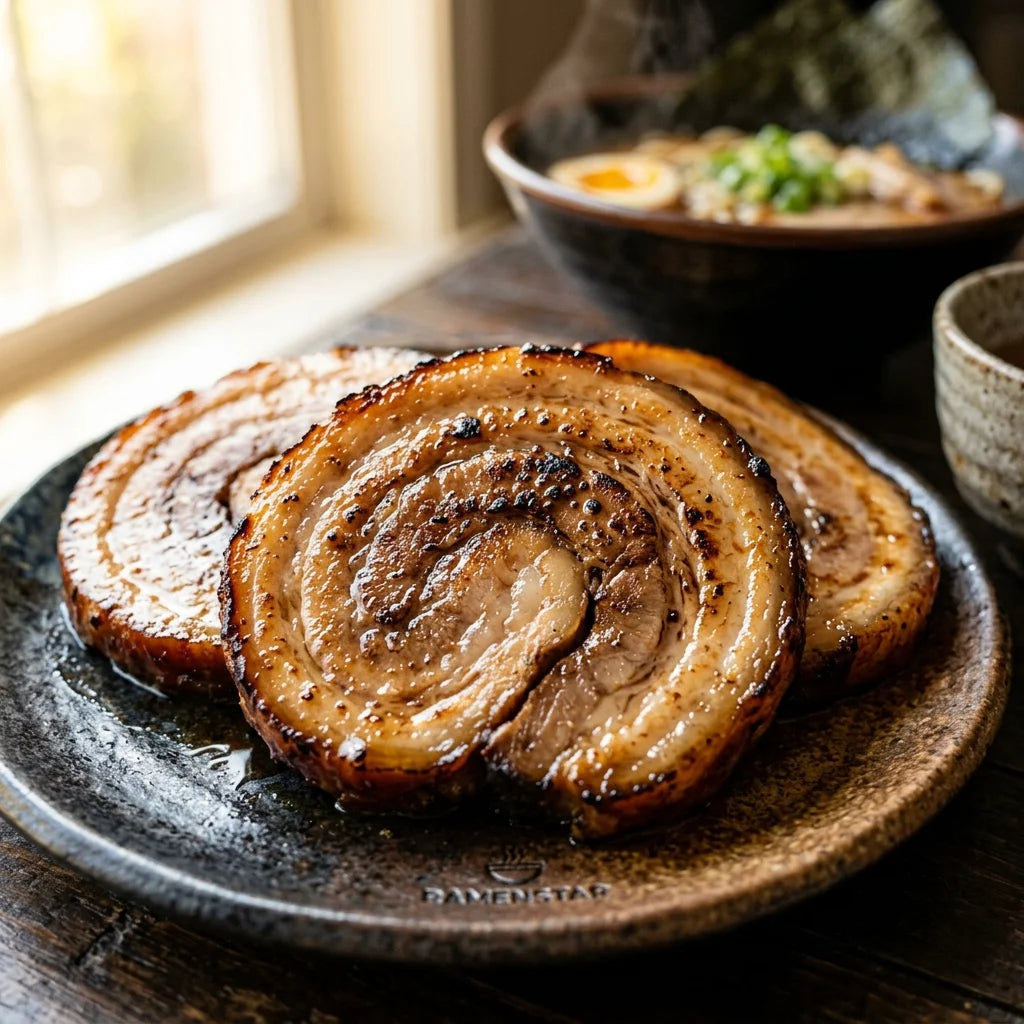 Drei gerollte, goldbraun gebratene Chashu-Schweinebauchscheiben liegen auf einem dunklen Teller mit der Aufschrift RAMENSTAR. Im unscharfen Hintergrund dampft eine Schale Ramen mit Ei, Lauchzwiebeln und Nori.