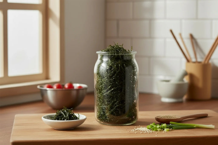 Ein großes Glasgefäß gefüllt mit getrocknetem, zerkleinertem Seetang (Nori-Flocken) steht auf einem Holzbrett in einer sonnigen Küche. Daneben befinden sich Frühlingszwiebeln, Sesamsamen, ein Schälchen mit Seetang und im Hintergrund Tomaten.
