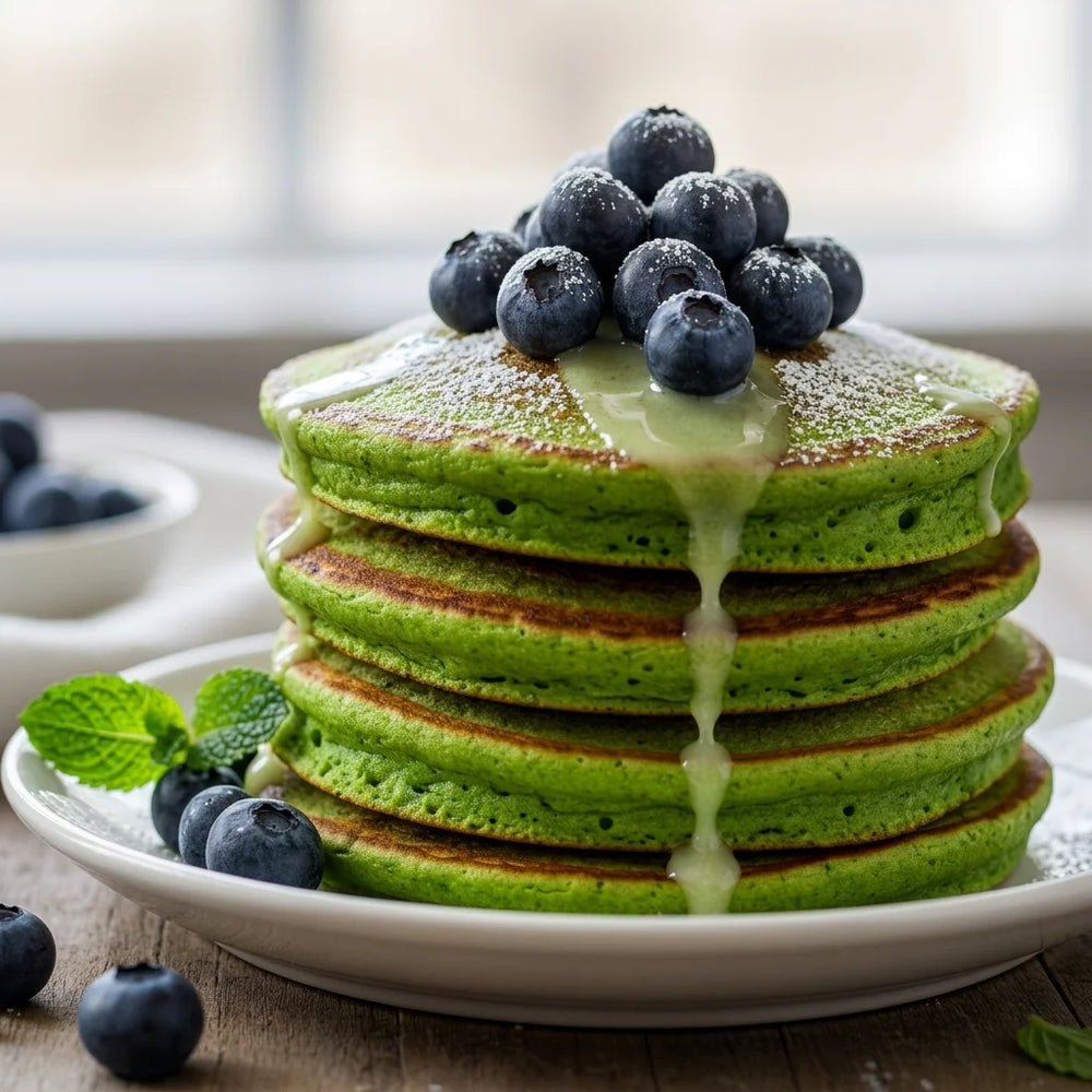 Ein Stapel von fünf leuchtend grünen Pfannkuchen, bedeckt mit frischen Heidelbeeren, Puderzucker und einer hellgrünen Glasur, die seitlich heruntertropft. Daneben liegen frische Minzblätter und weitere Heidelbeeren auf einem weißen Teller, der auf einer rustikalen Holzoberfläche steht.