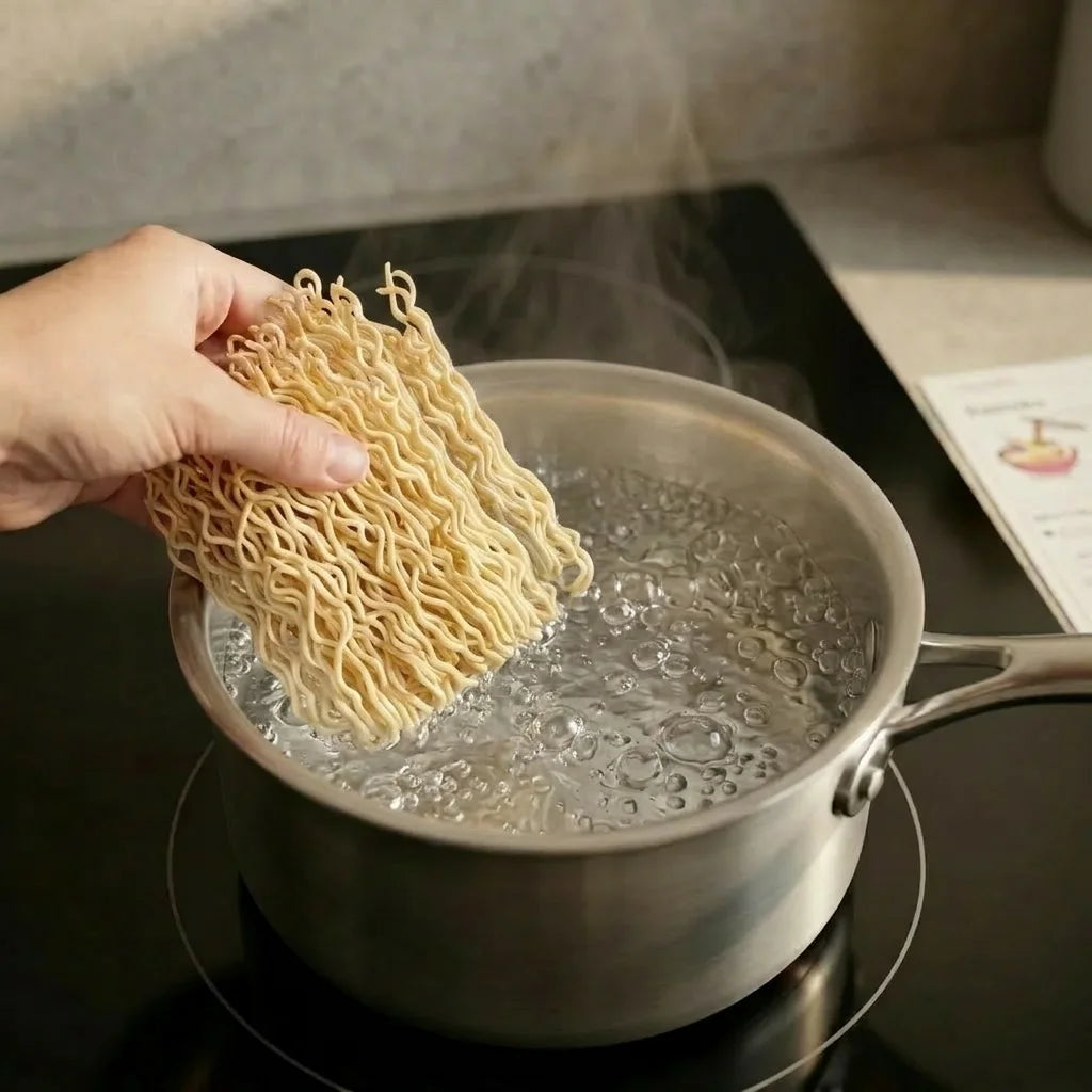 Eine Hand hält trockene, gewellte Weiche-Nudeln und senkt sie in einen Topf mit kochendem Wasser auf einer schwarzen Induktionskochplatte. Dampf steigt auf.


