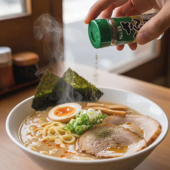Eine Hand würzt eine dampfende, authentische japanische Ramen-Schale mit grünem Sansho Pfeffer Pulver. Die Nudelsuppe enthält Chashu, ein weich gekochtes Ei, Nori, Bambussprossen und Frühlingszwiebeln auf einem Holztisch.