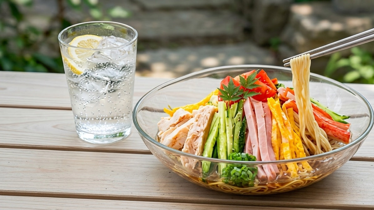 Kalte Ramen (Hiyashi Chuka) serviert in einer Schüssel mit frischen Gurken, Tomaten und Ei – der erfrischende asiatische Nudelsalat von RamenStar Schweiz.