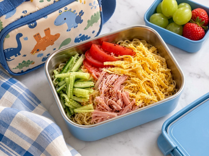 Hiyashi Chuka in einer blauen Lunchbox mit Gurke, Tomate, Schinken und Omelettstreifen, daneben eine Lunchtasche.
