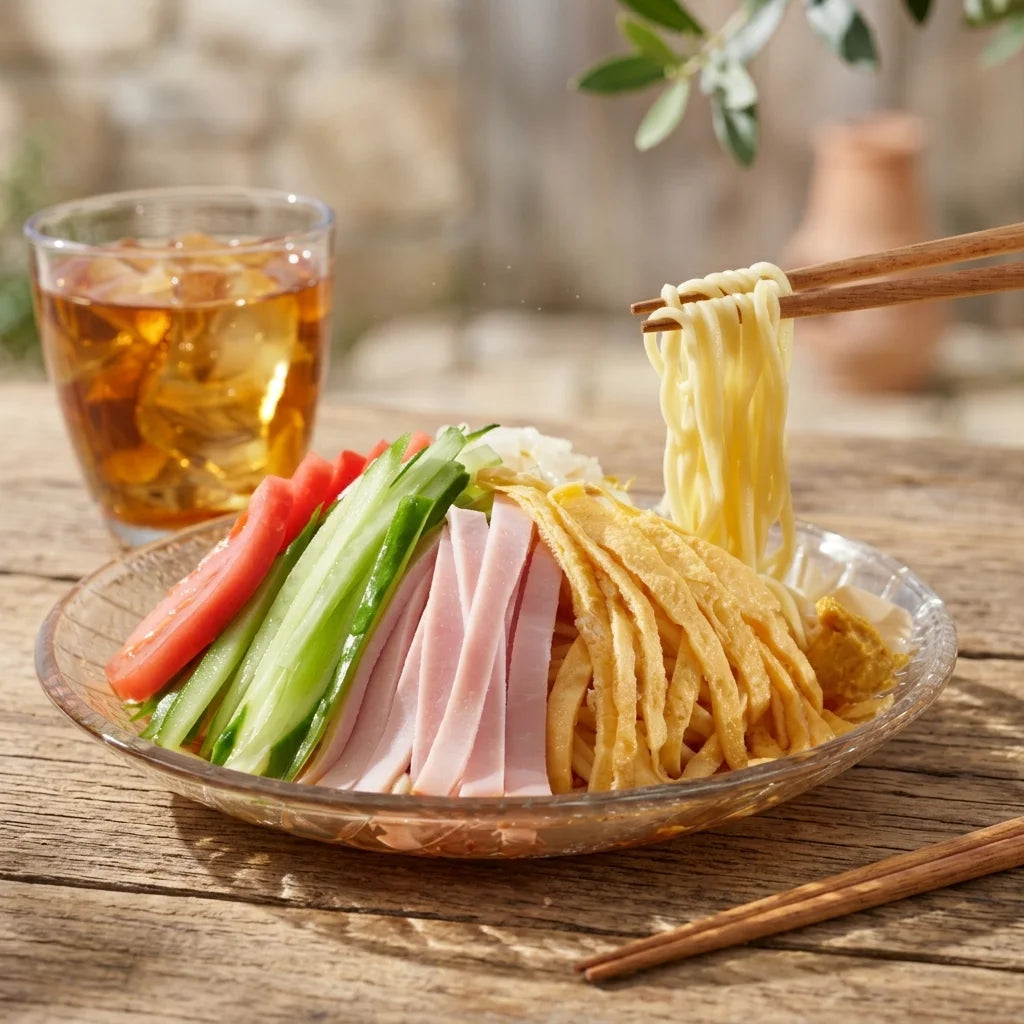 Eine Glasschale mit Hiyashi Chuka, einem kalten japanischen Sommer Ramen Gericht auf einem Holztisch im Garten, gefüllt mit Ramen, Gurkenstreifen, Tomatenspalten, Schinkenstreifen und Eierstreifen. Ein Glas Eistee steht daneben, während Stäbchen Nudeln aus der Schale heben.