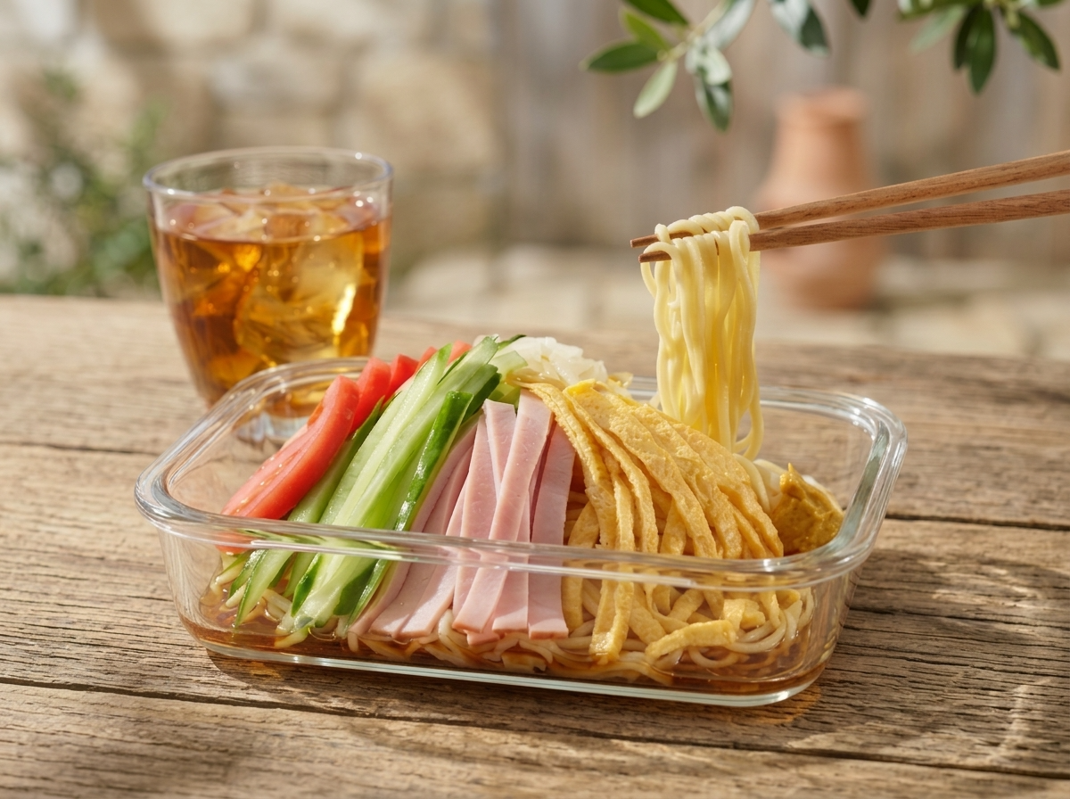 Hiyashi Chuka (kalte Ramen) in einer rechteckigen Glasschale, gefüllt mit gelben Nudeln, Tomatenscheiben, Gurkenscheiben, Schinkenstreifen und Omelettstreifen. Holzstäbchen halten einen Teil der Nudeln über der Schale. Daneben steht ein Glas Eistee mit Eiswürfeln auf einem rustikalen Holztisch. Der Hintergrund ist unscharf und zeigt eine Steinmauer, grüne Blätter und ein Tongefäss.