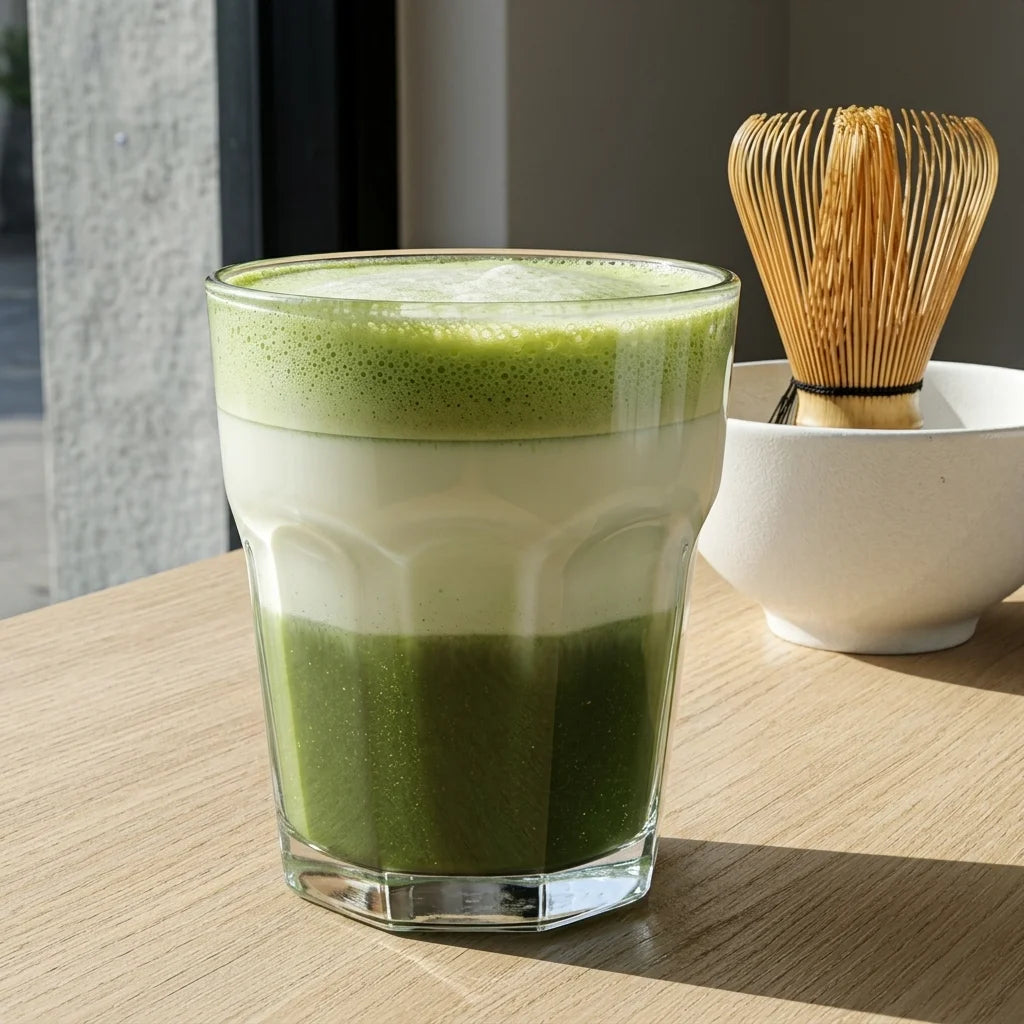 Ein Glas Matcha Latte mit drei Schichten: unten dunkler Matcha, in der Mitte cremige Milch und oben heller grüner Schaum. Das Glas steht auf einem hellbraunen Holztisch, daneben eine weiße Schale mit einem Bambus-Matcha-Besen (Chasen).