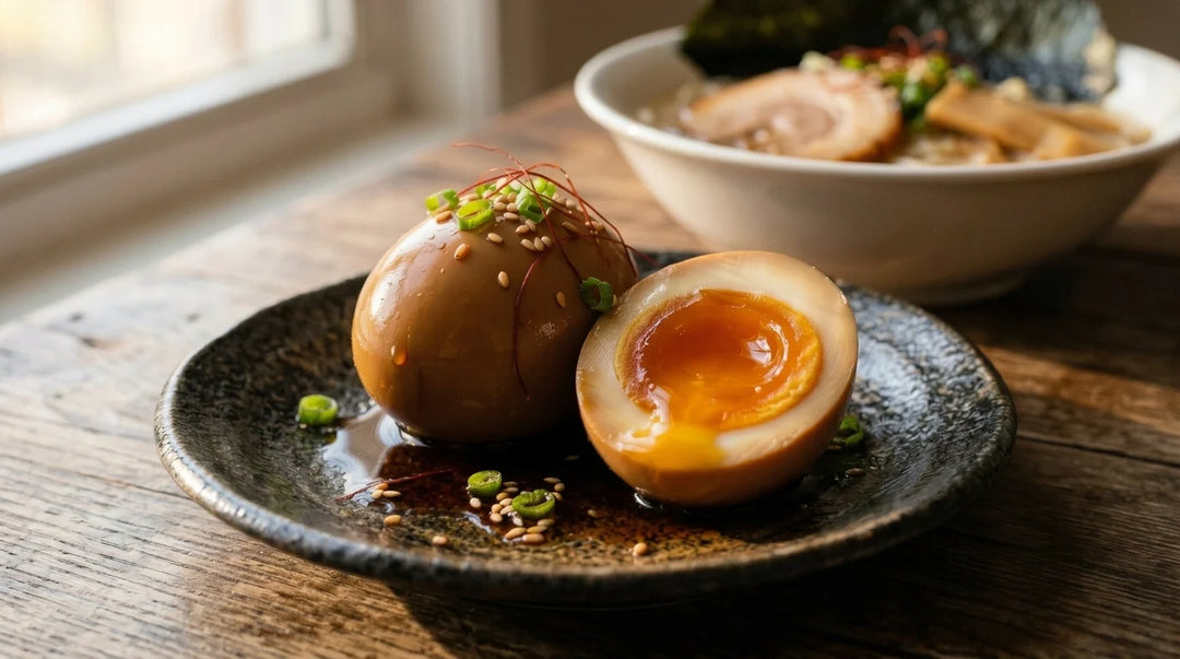 Zwei braun marinierte Eier (Ajitama) auf einem dunklen Teller, eines ganz und mit Frühlingszwiebeln, Sesam und Chilifäden garniert, das andere halbiert mit flüssigem orangenem Eigelb. Im unscharfen Hintergrund ist eine Schüssel Ramen mit Schweinefleisch und Bambus zu sehen.