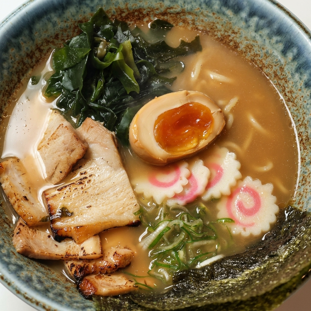Nahaufnahme einer Schüssel Ramen mit goldbrauner Brühe. Darin sind Nudeln, Scheiben von gebratenem Chashu-Schweinefleisch, grünes Wakame-Seegras, ein halbiertes weich gekochtes Ei mit orangem Eigelb, weisse Narutomaki-Fischkuchen mit rosa Spiralen, gehackte Frühlingszwiebeln und ein Blatt Nori-Seetang