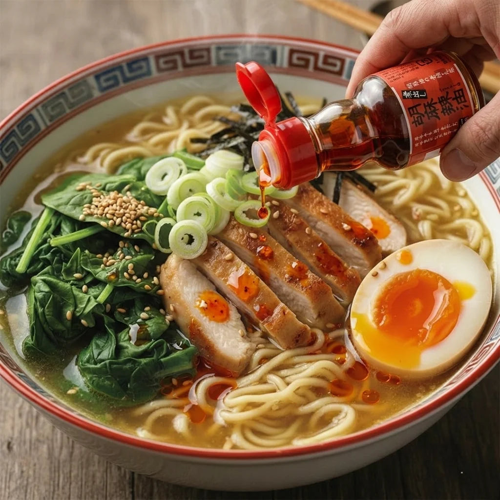 Nahaufnahme einer Person, die scharfes Chili-Öl aus einer roten Flasche in eine Schüssel mit dampfenden Ramen gießt. Die Ramen enthalten goldene Nudeln, geschnittenes gebratenes Hähnchenfleisch, frischen Spinat, ringförmige Frühlingszwiebeln, Seetangstreifen, Sesam und ein halbes weichgekochtes Ei mit einem leuchtend orangen, cremigen Dotter. Rote Öltropfen schwimmen auf der hellen Brühe.