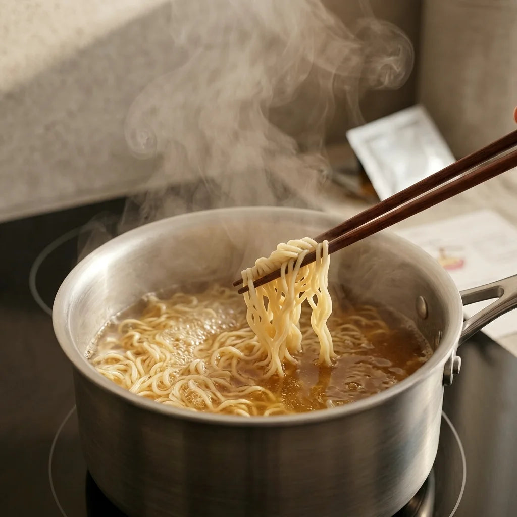 In einem silbernen Metalltopf auf einem schwarzen Kochfeld werden Ramen-Nudeln in sprudelnder, hellbrauner Brühe gekocht. Deutlicher Dampf steigt aus dem Topf auf. Braune Essstäbchen heben eine Portion der gewellten Nudeln über die Brühe.
