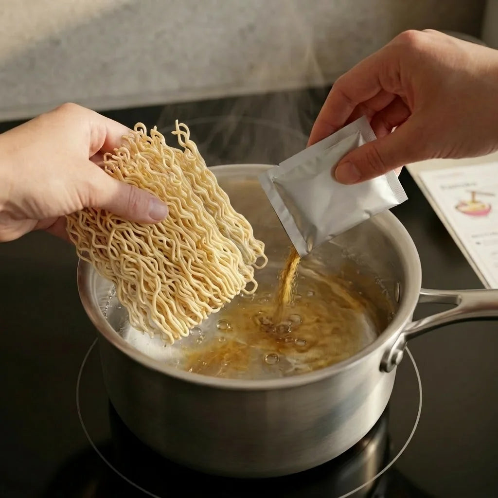 Zwei Hände bereiten Ramenstar-Ramen zu. Eine Hand hält einen Block tluftgetrockneter Nudeln über einen Topf mit kochendem Wasser, während die andere Hand ein silbernes Gewürzpäckchen in das Wasser entleert, das bereits eine bräunliches Pulver enthält. Der Topf steht auf einer schwarzen Induktionskochplatte, es steigen Dampf und Blasen auf.