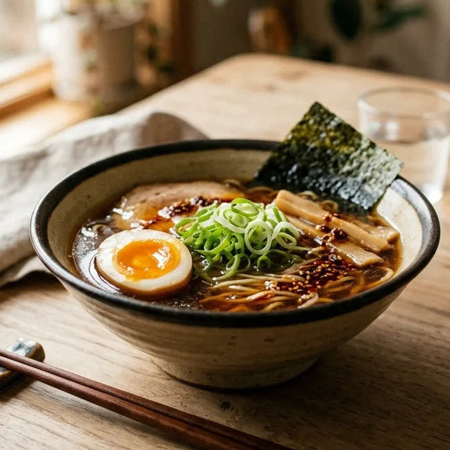 Eine Schale Ramen mit Nudeln, dunkler Brühe, geschnittenem Schweinefleisch, einem halbierten weichgekochten Ei mit leuchtend orangem Eigelb, grünen Frühlingszwiebeln, einem Blatt Nori, Bambussprossen und Chiliöl auf einem rustikalen Holztisch. Daneben liegen Essstäbchen auf einer Ablage.