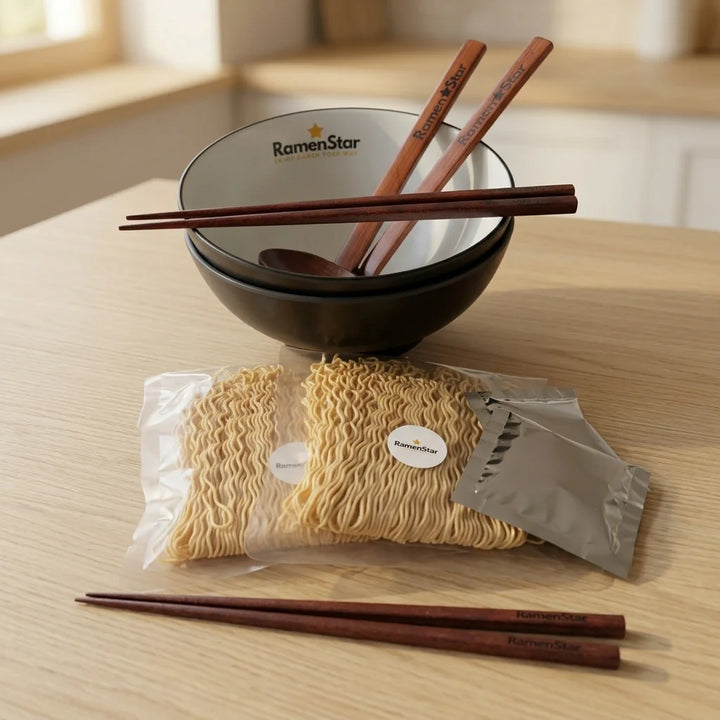 A professional product photography of a premium DIY Ramen Bundle, arranged on a light-colored natural wooden table, knolling photography style, eye-level cinematic shot. In the foreground: an empty black and white ceramic ramen bowl with subtle branding, a transparent vacuum-packed block of fresh ramen noodles with a round logo sticker, two black metallic soup base sachets, and elegant dark wooden chopsticks on a holder. To the side: a marinated soft-boiled ramen egg cut in half on a small decorative wooden