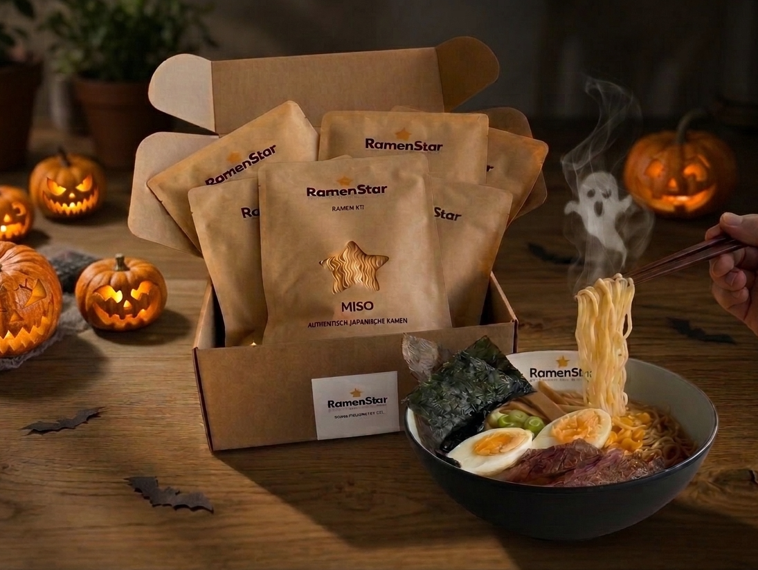 Eine Halloween-Szene auf einem Holztisch mit dampfender Ramen und Ramen-Packungen. Mehrere leuchtende Kürbisse sind auf dem Tisch verteilt. Eine offene braune Kartonbox enthält braune "RamenStar"-Verpackungen, eine davon mit der Aufschrift "MISO AUTHENTISCH JAPANISCHE RAMEN" und einem sternförmigen Ausschnitt, der Nudeln zeigt. Eine Hand hält Stäbchen und hebt dampfende Nudeln aus einer dunklen Schale mit Ramen, die mit Eiern, Fleisch, Bambus und Seetang garniert ist. Ein Geist aus Dampf schwebt über der Sc