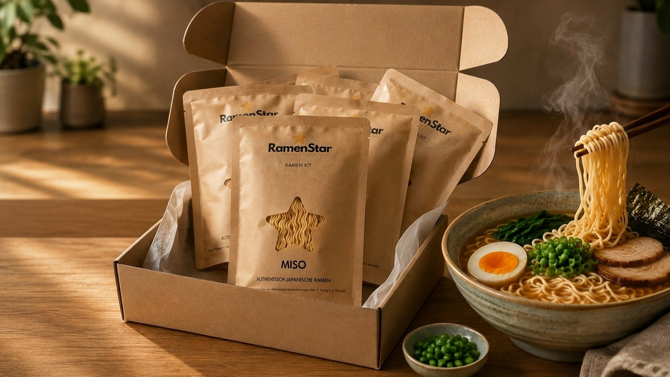 Eine geöffnete Ramen-Star Kochbox mit Ramen-Nudeln, Zutaten, einer Grußkarte und Essstäbchen, daneben eine dampfende Schüssel fertig zubereiteter, authentischer japanischer Ramen mit Ei, Schweinefleisch, Nudeln und Frühlingszwiebeln, servierfertig mit Stäbchen in einer modernen Küche.