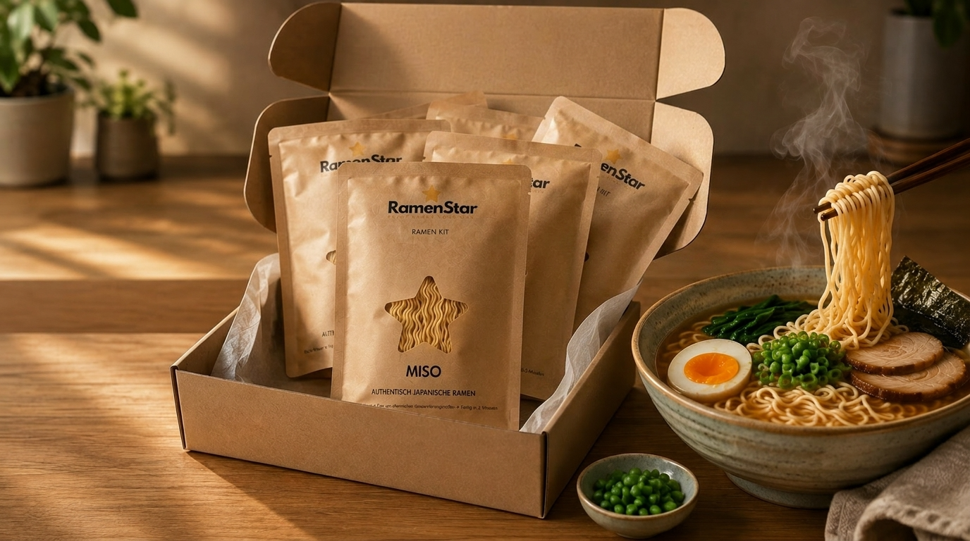 Eine geöffnete Ramen-Star Kochbox mit Ramen-Nudeln, Zutaten, einer Grußkarte und Essstäbchen, daneben eine dampfende Schüssel fertig zubereiteter, authentischer japanischer Ramen mit Ei, Schweinefleisch, Nudeln und Frühlingszwiebeln, servierfertig mit Stäbchen in einer modernen Küche.
