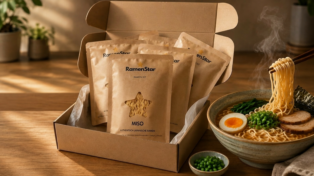 Eine geöffnete Ramen-Star Kochbox mit Ramen-Nudeln, Zutaten, einer Grußkarte und Essstäbchen, daneben eine dampfende Schüssel fertig zubereiteter, authentischer japanischer Ramen mit Ei, Schweinefleisch, Nudeln und Frühlingszwiebeln, servierfertig mit Stäbchen in einer modernen Küche.