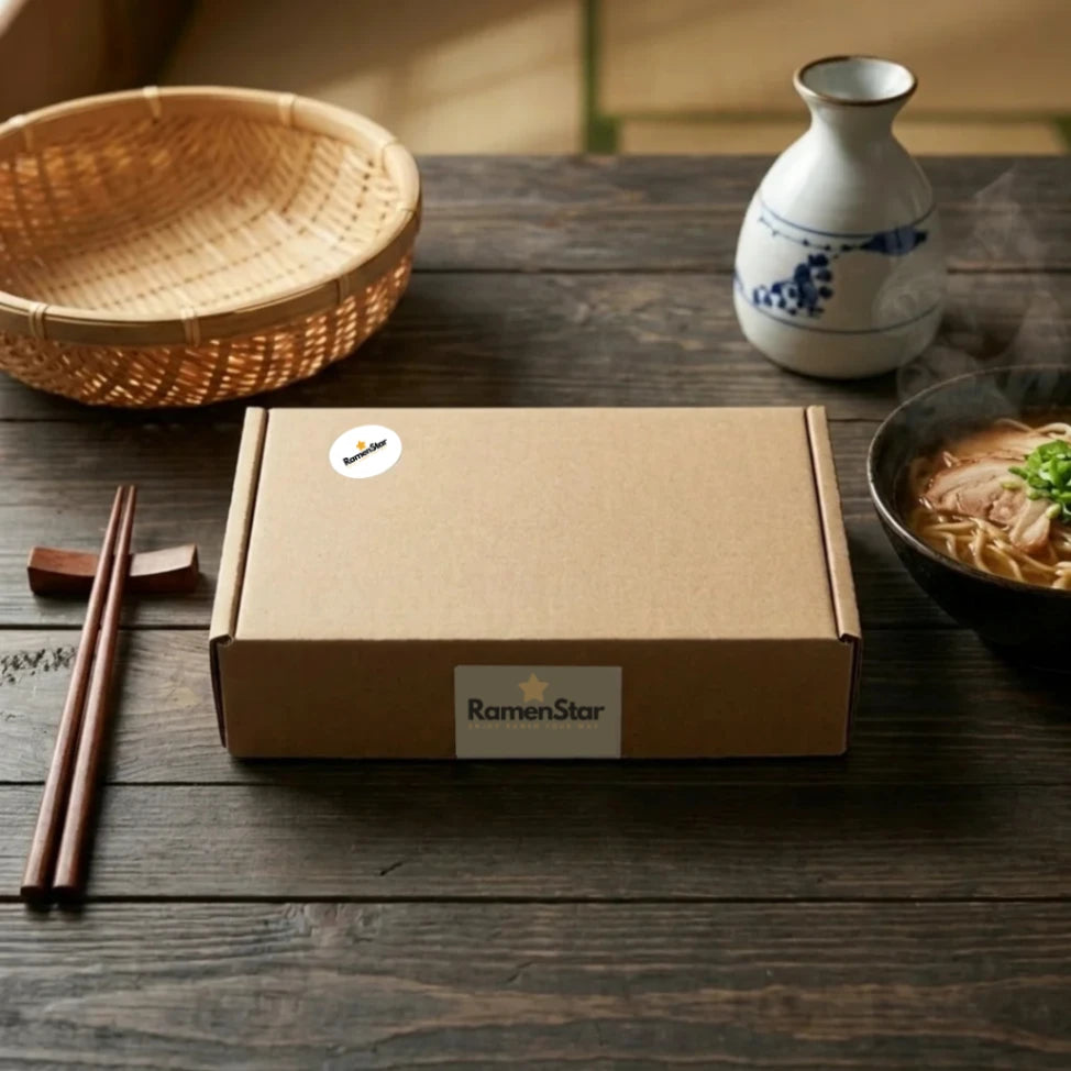 Brauner RamenStar Lieferkarton auf dunklem Holztisch, umgeben von Essstäbchen, Sake-Krug und dampfender Schale authentischer Ramen. Ideal für ein japanisches Mahl zu Hause.