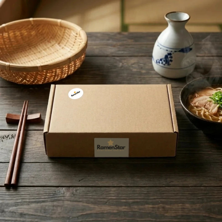 Brauner RamenStar Lieferkarton auf dunklem Holztisch, umgeben von Essstäbchen, Sake-Krug und dampfender Schale authentischer Ramen. Ideal für ein japanisches Mahl zu Hause.