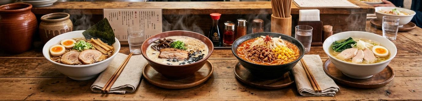 Eine geschäftige Ramen-Bar mit vier dampfenden Schüsseln Ramen auf einer rustikalen Holztheke. Die Schüsseln sind mit verschiedenen Belägen wie Chashu, gekochten Eiern, Mais, Hackfleisch, Frühlingszwiebeln, Nori-Algen und Bambussprossen angerichtet. Die Bar ist im traditionellen japanischen Stil mit Holzwänden und Laternen eingerichtet.