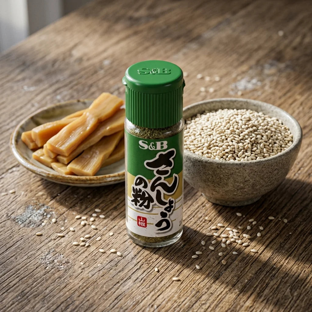 Eine S&B Gewürzflasche mit grünem Deckel und japanischem Etikett, gefüllt mit grünen Gewürzen, steht auf einem Holztisch. Daneben befinden sich braune Bambussprossen auf einem kleinen Keramikteller und eine Schale mit weißen Sesamsamen. Einige Sesamsamen liegen verstreut auf dem Holztisch.