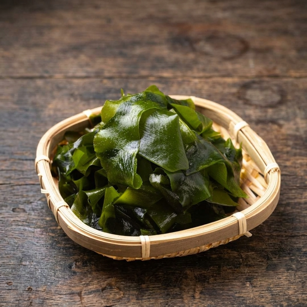 Frisches, dunkelgrünes Wakame-Seegras in einem geflochtenen Bambuskorb auf einem rustikalen Holztisch.