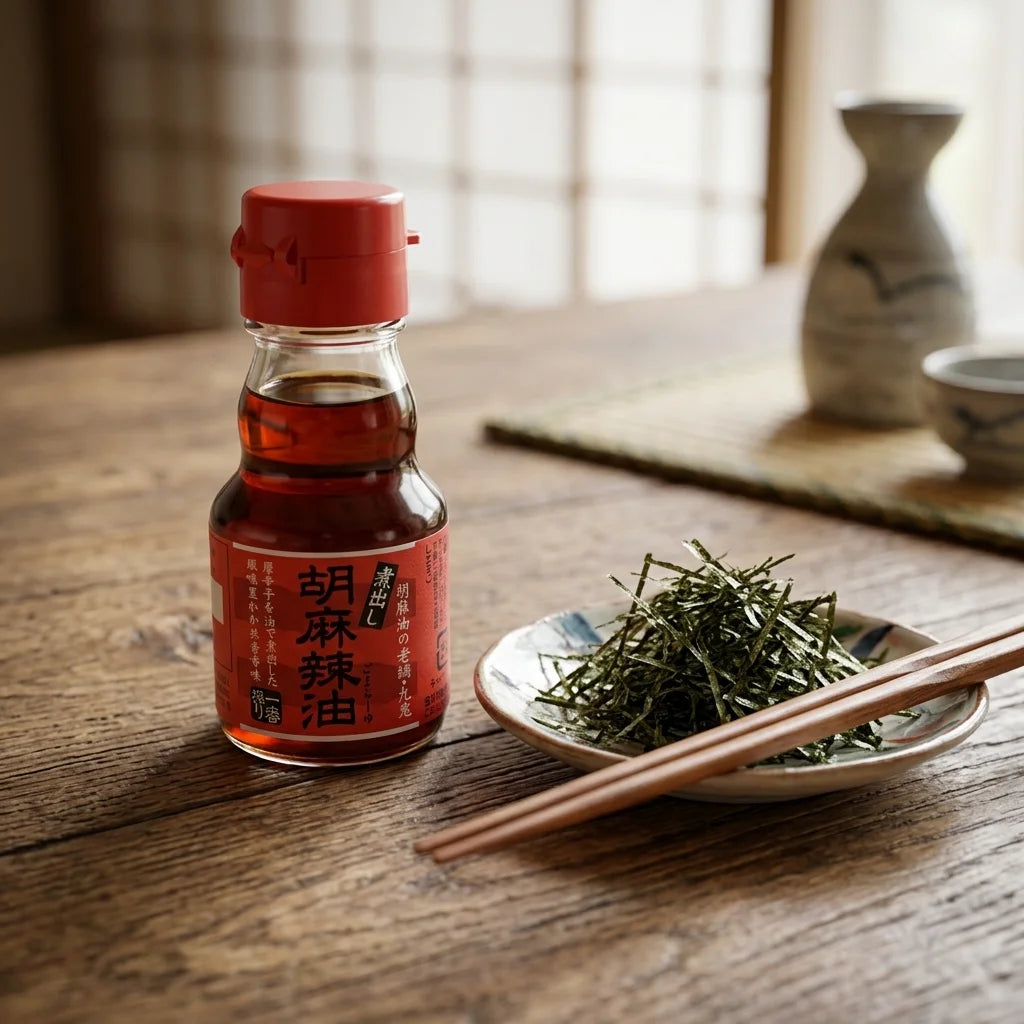 Kleine Glasflasche mit rotem Schraubverschluss, gefüllt mit dunklem Sesamöl, auf dessen rotem Etikett japanische Schriftzeichen stehen. Neben der Flasche liegt ein Paar Holzstäbchen auf einer kleinen Keramikschale, gefüllt mit zerkleinertem, dunklem Nori. Der Hintergrund zeigt unscharf eine Sake-Flasche und eine Tasse auf einer gewebten Matte, vor einem Fenster mit Shoji-Gitter.
