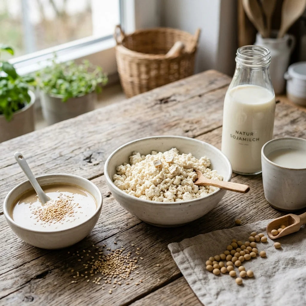Eine rustikale Holztafel mit zwei weißen Schalen: Die linke enthält Tahini mit Sesamsamen und die rechte Tofukrümel mit einem Holzschöpflöffel. Eine Glasflasche Natur-Sojamilch und ein Becher Sojamilch stehen daneben. Auf einem Leinentuch liegen Sojabohnen mit einer Holzschaufel. Im Hintergrund sind Topfpflanzen und ein Weidenkorb vor einem Fenster zu sehen.