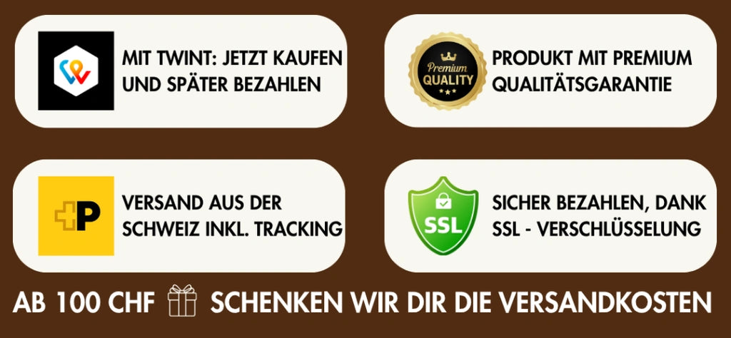 Übersicht der Shop-Vorteile: Zahlung mit Twint (jetzt kaufen, später bezahlen), Premium-Qualitätsgarantie, Versand aus der Schweiz inklusive Tracking, sichere SSL-verschlüsselte Bezahlung und kostenloser Versand ab 100 CHF Bestellwert.