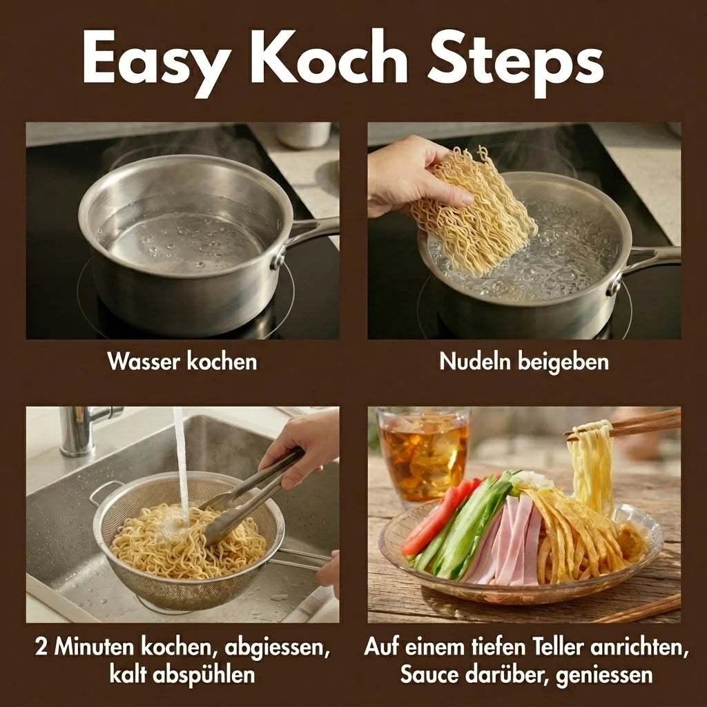 Vier Schritte zur Nudelzubereitung: Oben links zeigt einen Topf mit kochendem Wasser. Oben rechts wird eine Portion trockener Nudeln in das kochende Wasser gegeben. Unten links werden gekochte Nudeln in einem Sieb unter kaltem Wasser abgespült. Unten rechts sind die angerichteten Nudeln mit geschnittenem Schinken, Gurken und Tomaten auf einem Glasteller zu sehen, daneben ein Glas Eistee.