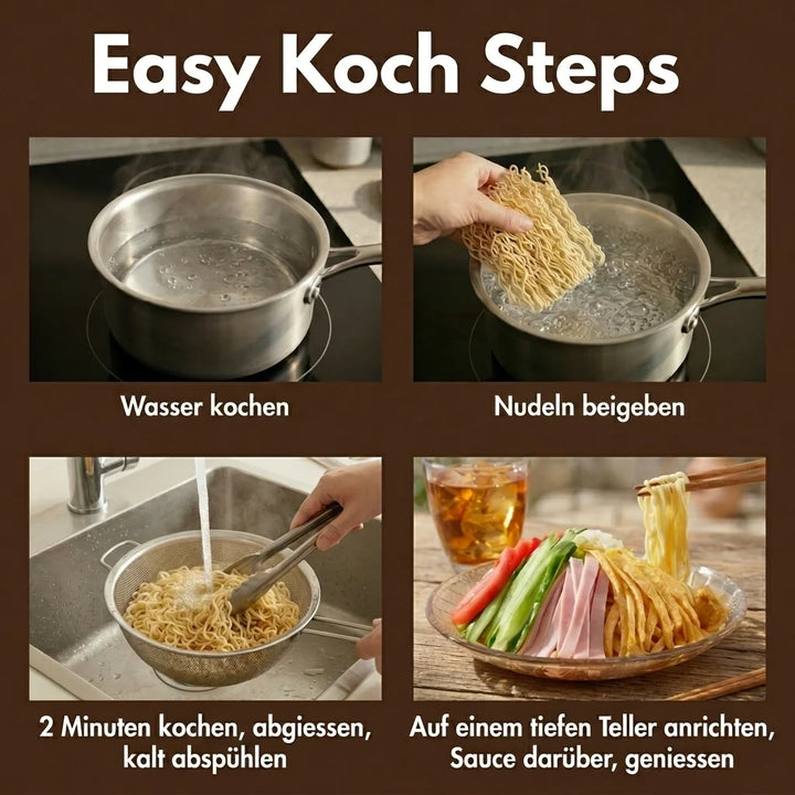 Vier Schritte zur Nudelzubereitung: Oben links zeigt einen Topf mit kochendem Wasser. Oben rechts wird eine Portion trockener Nudeln in das kochende Wasser gegeben. Unten links werden gekochte Nudeln in einem Sieb unter kaltem Wasser abgespült. Unten rechts sind die angerichteten Nudeln mit geschnittenem Schinken, Gurken und Tomaten auf einem Glasteller zu sehen, daneben ein Glas Eistee.