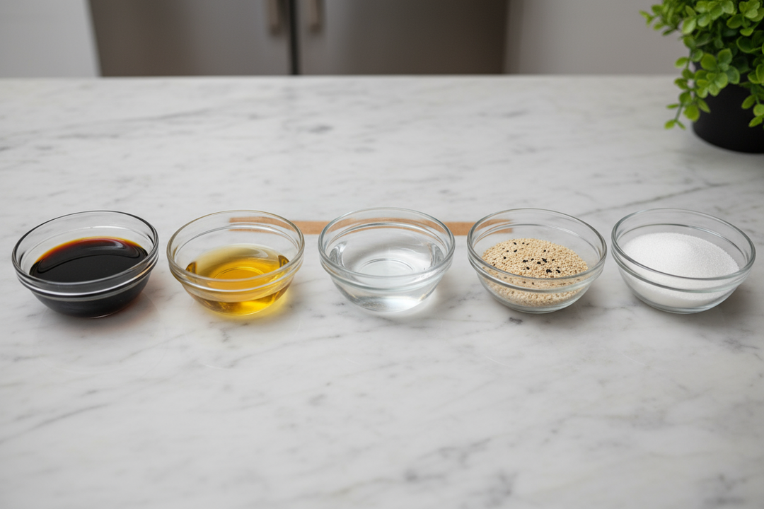 zutaten für die hiyashi chuuka sauce schön nebeneinender in der küche bereitgestellt in kleinen schälchen: sojasauce, essig, wasser, sesamöl und sesamkörner und zucker