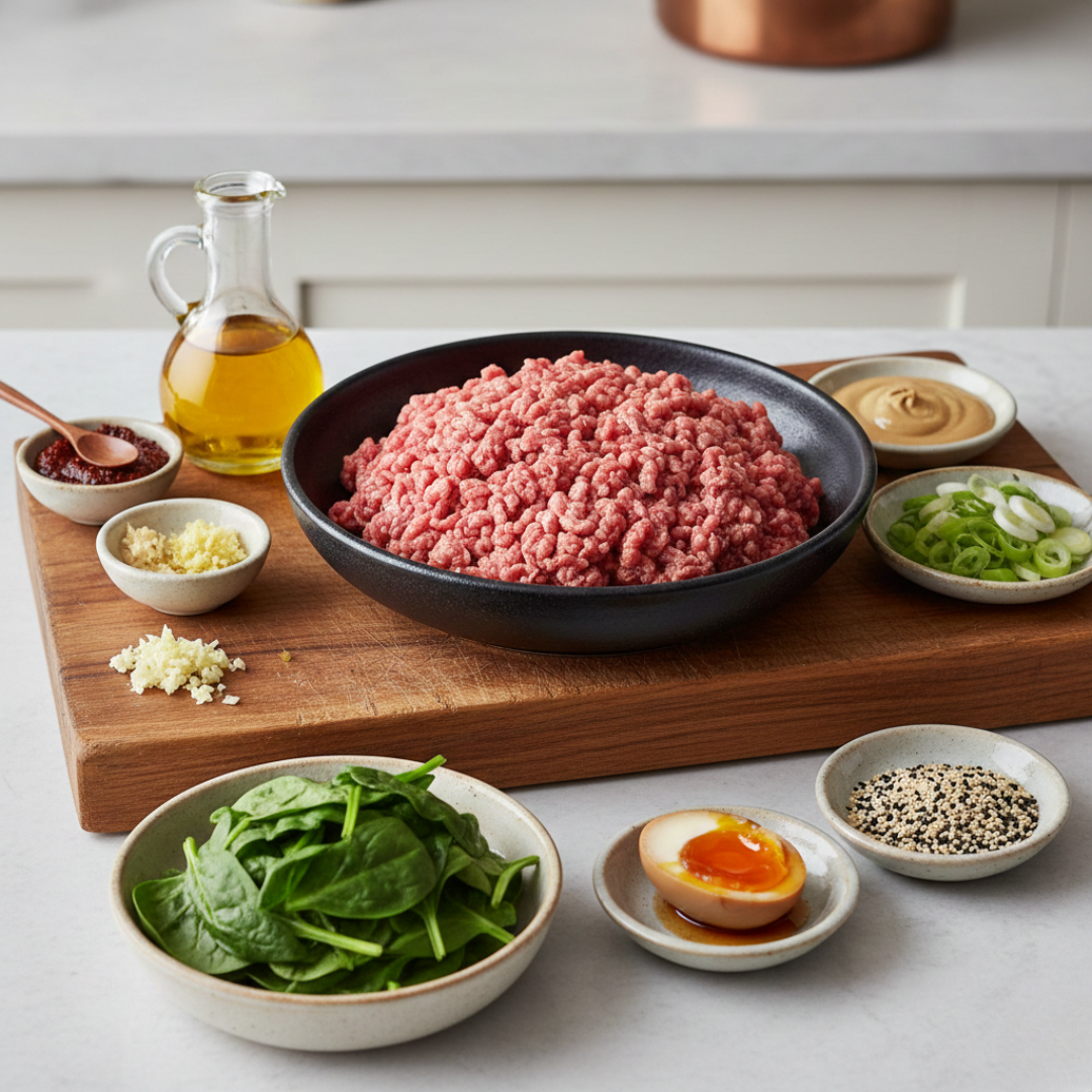 Frisches Rinderhackfleisch liegt in einer großen Schale auf einem Holzbrett, umgeben von typischen Zutaten für ein würziges Ramen-Topping. Die kleinen Schalen enthalten Spinat, Sesam, ein Soja-Ei, Frühlingszwiebeln sowie gehackten Knoblauch und Ingwer. Auch Öl, Sojabohnenpaste und Chilipaste sind als Gewürze bereitgestellt. Das Bild zeigt eine strukturierte Vorbereitung für ein herzhaftes asiatisches Rezept.